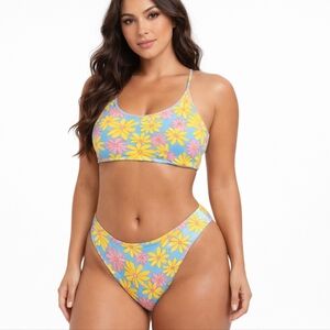 SHEIN 3XL Floral Bikini Set Retro Daisy Print Plus Size Blue Pink Yellow Y2K